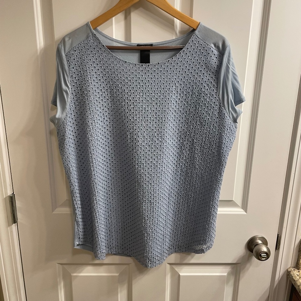 Ann Taylor Light Blue Short Sleeve Mixed Media Blouse, Size XL